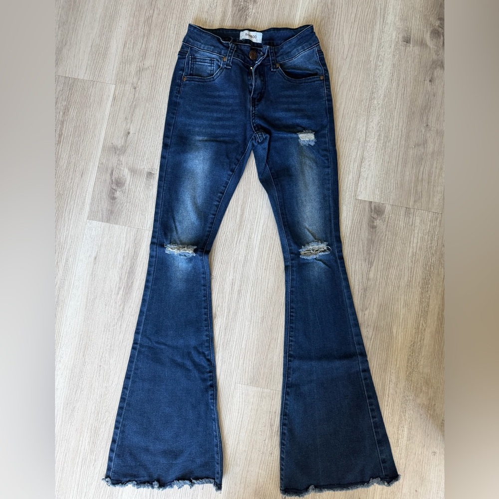 BAMBOO Dark Blue Distressed Flare Jeans